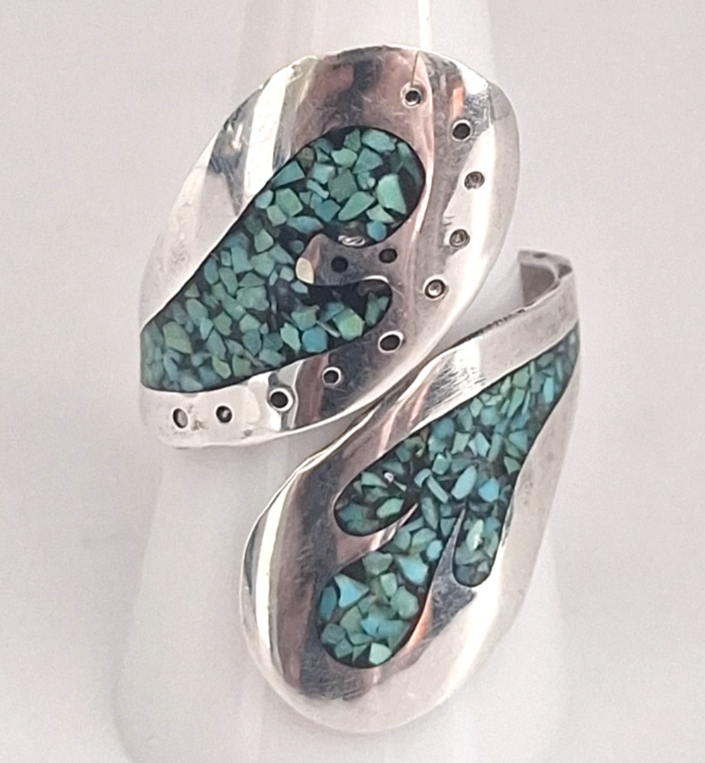 Vintage Sterling Turquoise Inlay Bypass Ring Size 8.5 Desert Chic Western Boho